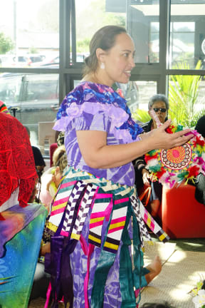 Marama T-Pole leads the celebration of Tuvalu language week at Ranui Library.