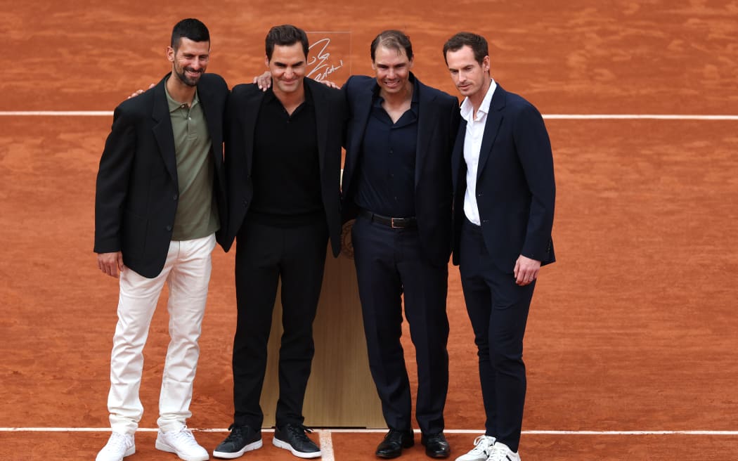 Former Spanish player Rafael Nadal (2nd from right), with Novak Djokovic, left, Roger Federer and Andy Murray during a ceremony honouring his career at the French Open, Roland Garros, 25 May 2025.