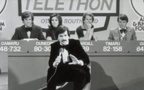 Neil Collins (front) fronting the Otago Southland studio component of the 1978 Telethon.