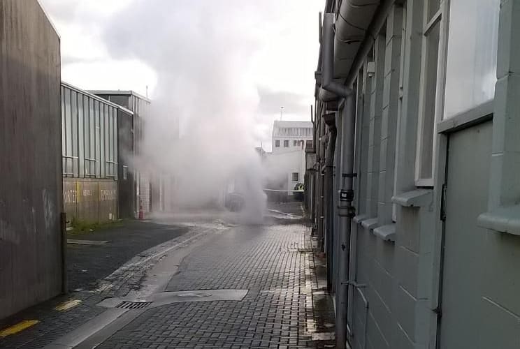 The bore after its initial blow-out on Sunday, which sent plumes of water into the air.