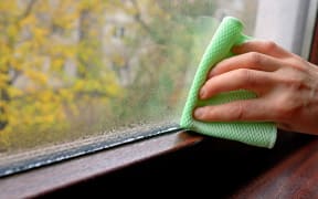 Woman cleaning water  condensation on window