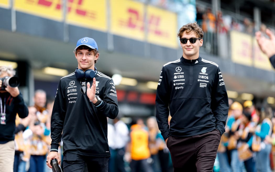 Mercedes AMG F1 drivers Kimi Antonelli and George Russell.