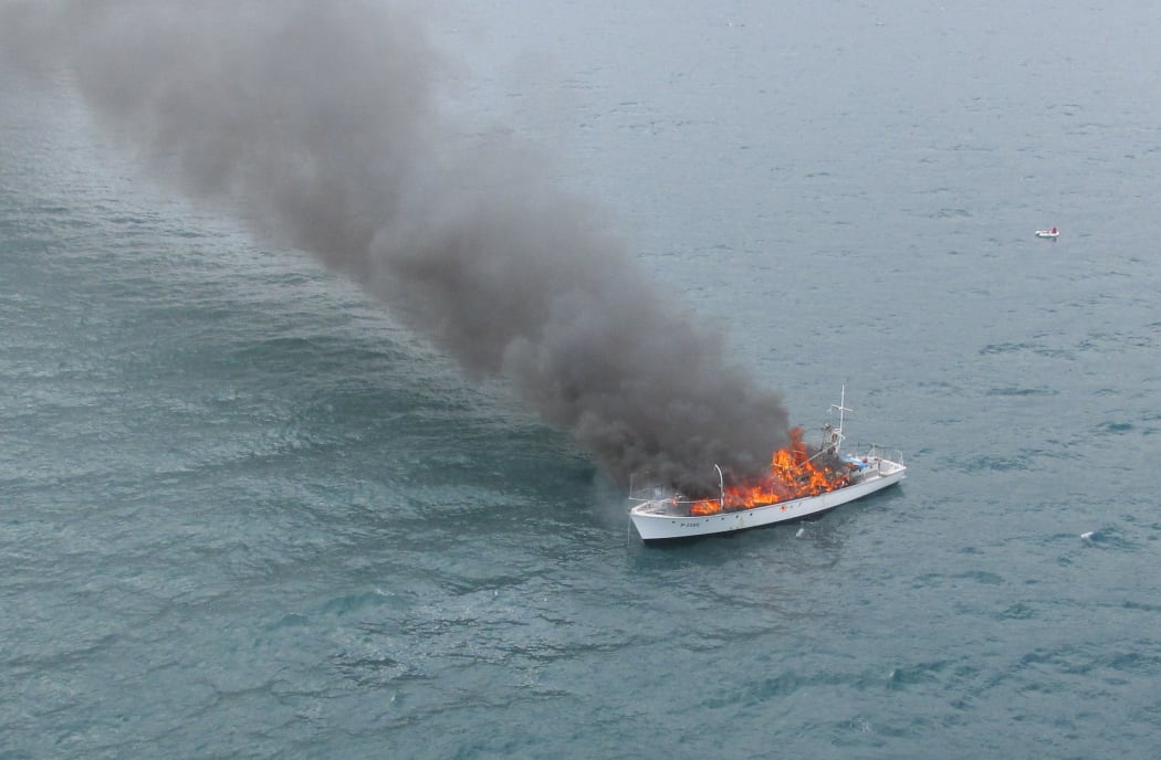 The Nelson Marlborough Rescue helicopter was despatched to the burning vessel near Pepin Island.