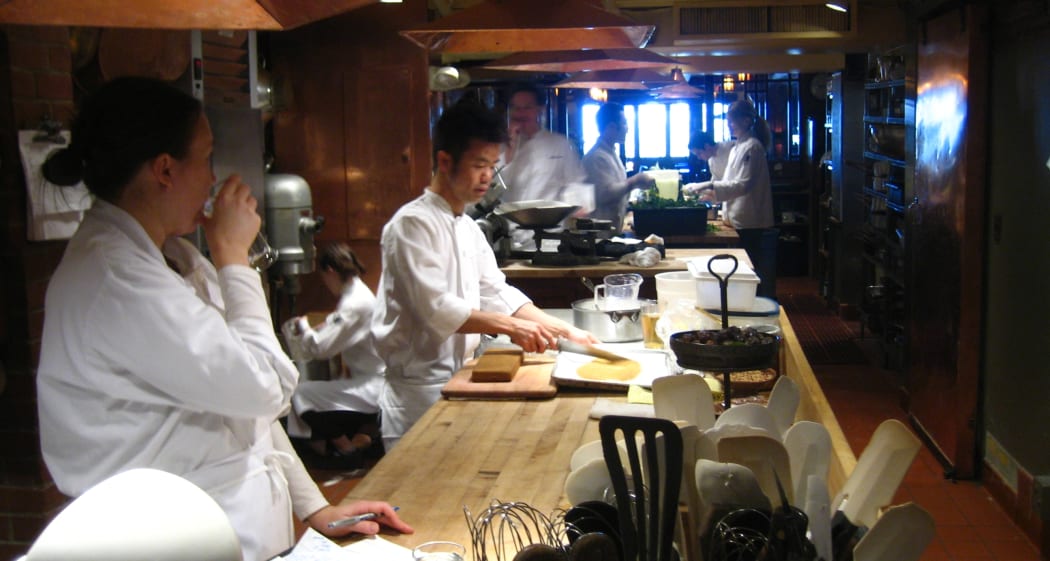 Pastry chefs at work in the Chez Panisse kitchen