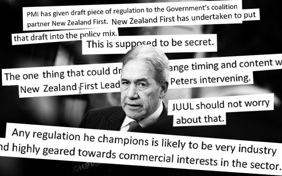 Composite of Winston Peters and documents