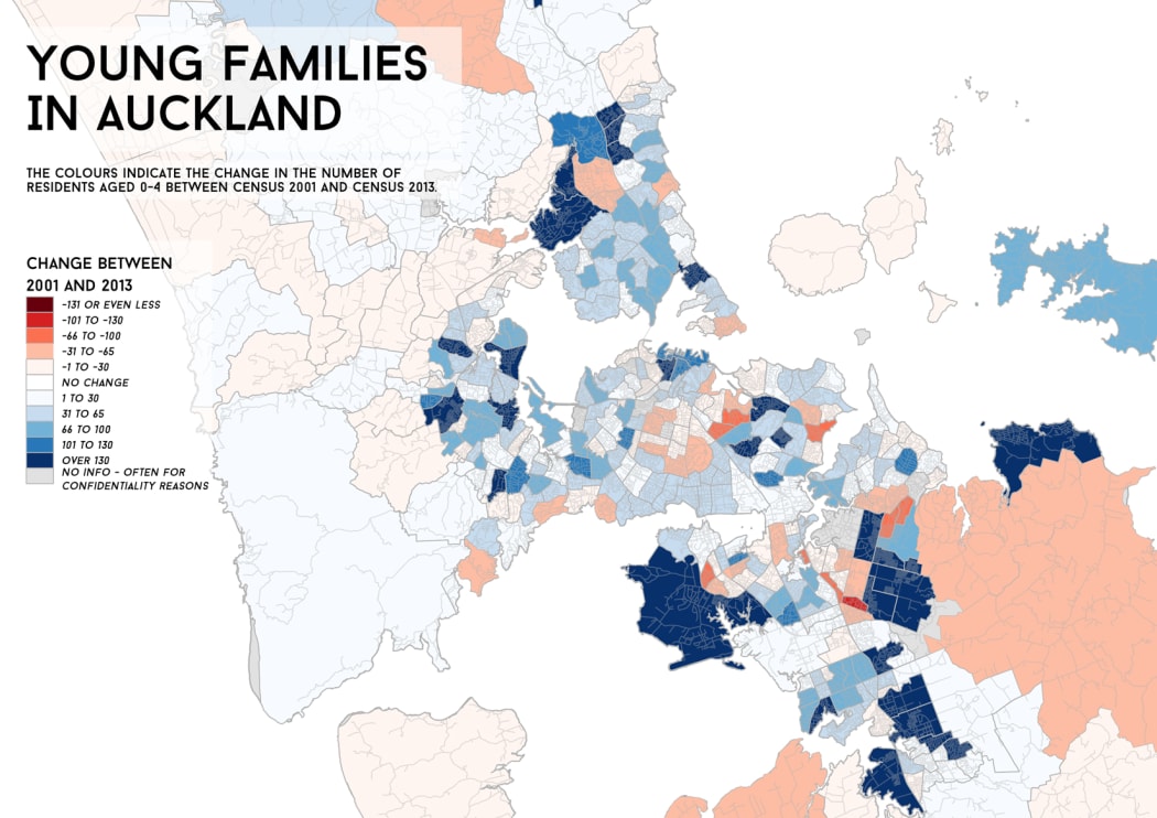 A map showing where young families are in Auckland