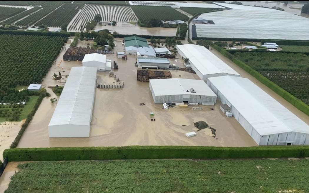 The Taylor Corporation pakchouse can be seen completely flooded and surrounded by debris.