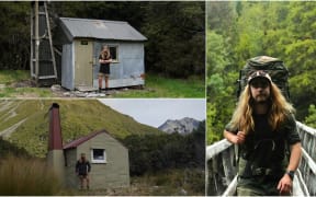 Left: Benjamin Piggott in front of two DOC backcountry huts. Right: Portrait of Benjamin while tramping.