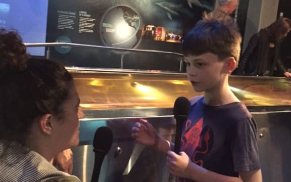 Noelle McCarthy and Sam Cousins discuss the colossal squid at Te Papa, Wellington 2018