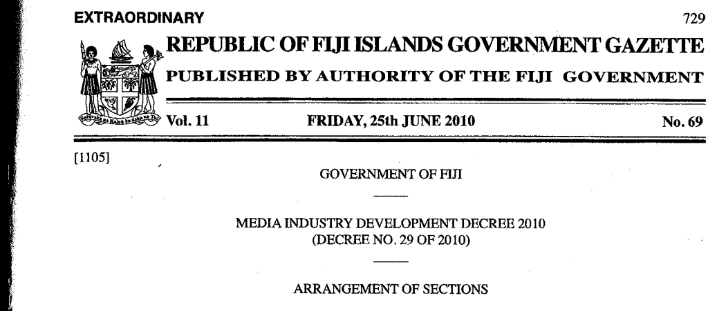 A copy of Fiji's Media Industry Development Decree