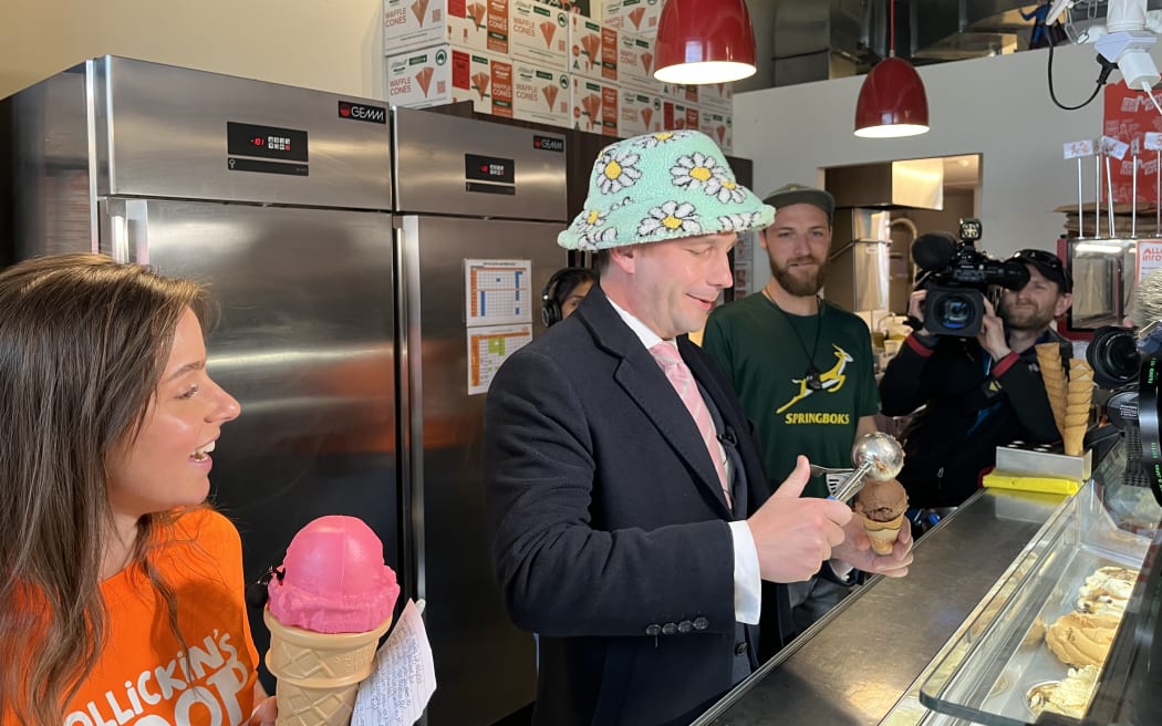 Act leader David Seymour announcing his party's welfare policy before meeting some businesses in central Christchurch earlier today. He then got behind the counter at Rollickin Gelato - the go-to spot in the Garden City for politicians this campaign trail.