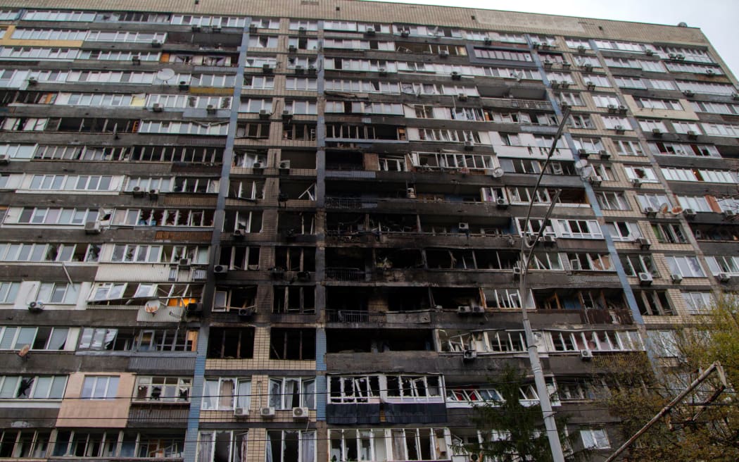 An apartment block catches fire due to falling Russian drone debris in the Pecherskyi district of Kyiv, Ukraine, on 10 October, 2025.