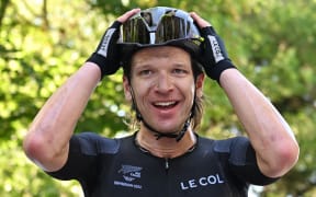 Aaron Gate of Team New Zealand after taking the victory in the Birmingham Commonwealth Games road race.