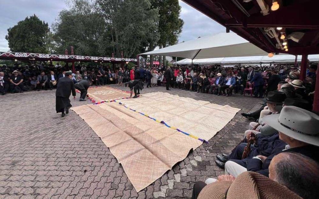Tapa cloths are laid on the paepae at Tuurangawaewae Marae during the national hui on 20 January 2024.