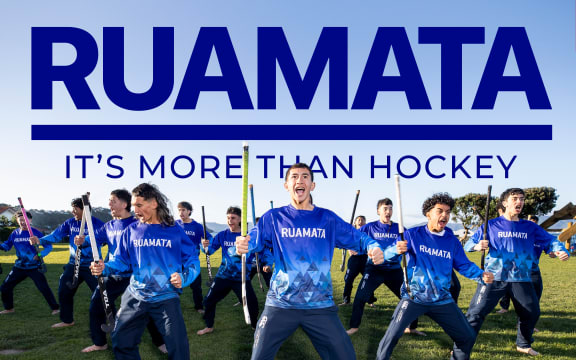 A group of teenagers in a blue sports uniform perform a haka holding hockey sticks. Text reads "Ruamata, it's more than hockey" and there is an RNZ tohu in the corner