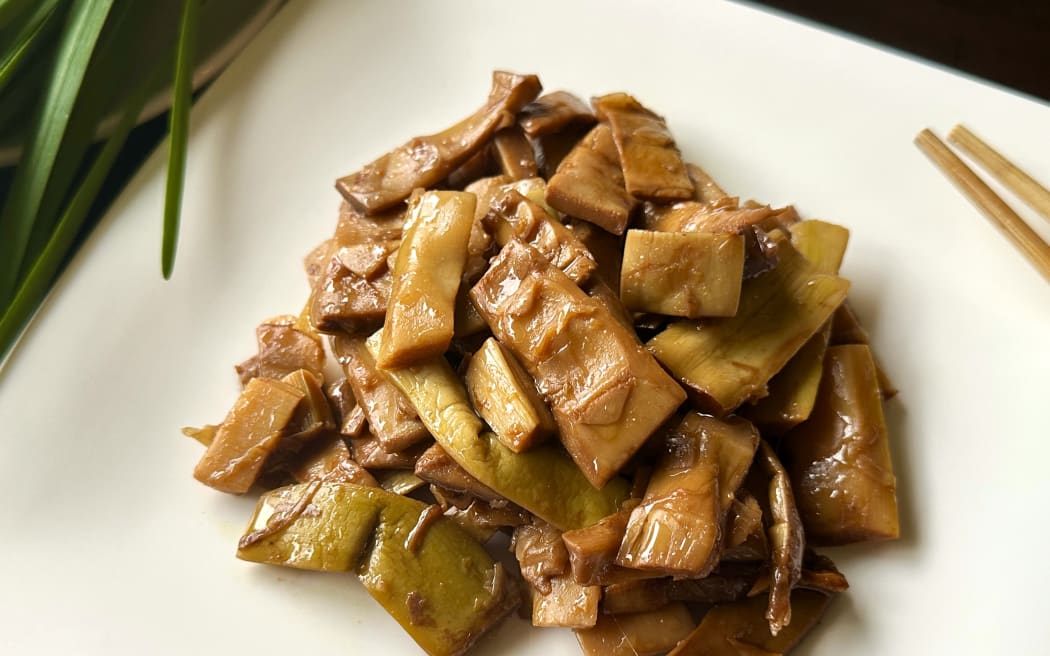 Packaged ready-to-eat dish “Braised Spring Bamboo Shoots” at a Auckland Chinese supermarket.