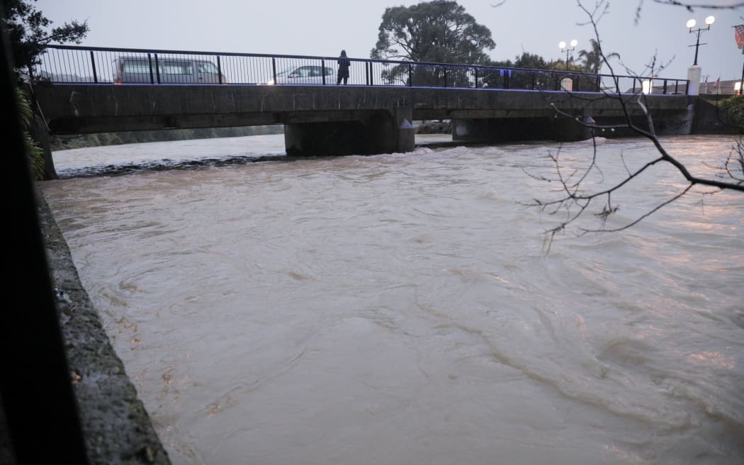 A view of Nelson's flooded Maitai River from the Trafalgar Street bridge on 18 August, 2022.