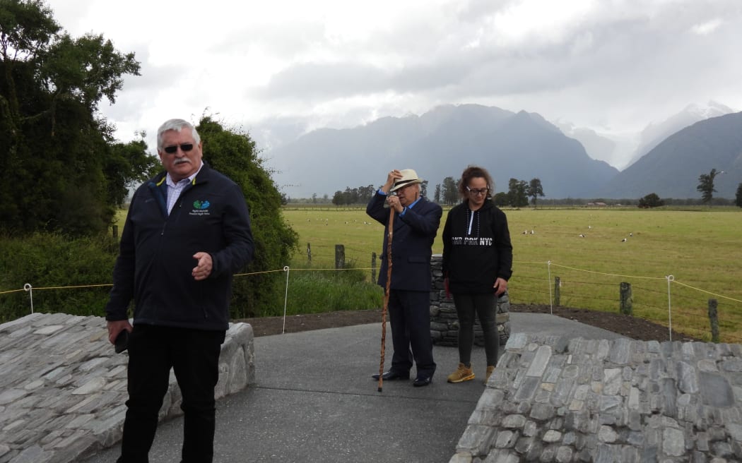 With Te Moeka o Tuawe/Fox Glacier in the background Te Rūnanga o Makaawhio chairman Paul Madgwick relates the conception of the new site which Doc Western South Island director Mark Davies said on Saturday exemplified the spirit of "generosity" on the part of Te Rūnanga o Makaawhio in sharing the taonga of the Tohu Whenua site as extremely significant for the region.