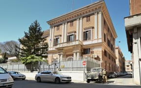 Italian Military corps patrol in front of the Russian Embassy in central Rome on 31 March 2021.