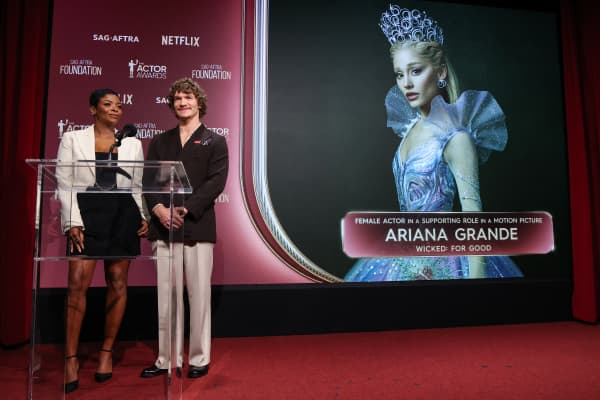 (L/R) US actress Janelle James and US actor Connor Storrie announce Ariana Grande as a nominee for Best Female Actor in a Supporting Role in a Motion Picture during the 32nd Annual Actors Awards nominations announcement at the SAG-AFTRA Foundation's Tom Hanks & Rita Wilson theatre in Los Angeles on January 7, 2026.