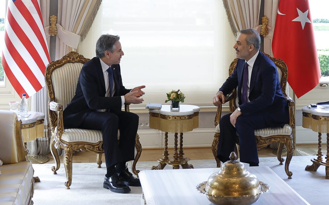 US Secretary of State Antony Blinken (L) meets with Turkish Foreign Affairs Minister Hakan Fidan at Vahdettin, a private residence of the presidency, in Istanbul, on January 6, 2024. The US Secretary of State is to discuss the Gaza war with Turkey's leader on January 6 before flying to Crete to address Greek worries about the looming sale of US fighter jets to Ankara. The US diplomat arrived in Istanbul late on January 5 for the first leg of a trip that includes visits to both Israel and West Bank.