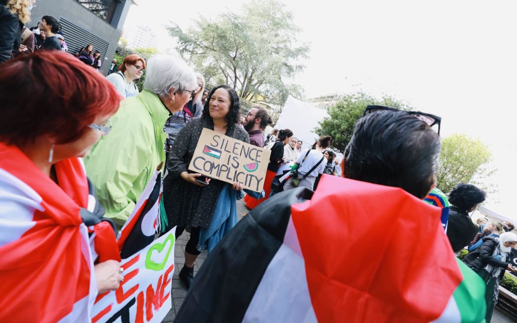 Students gather at Auckland University's city campus to rally against Israel's war in Gaza on 1 May 2024.