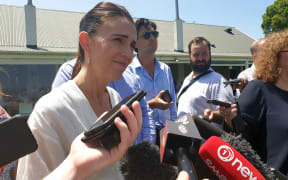 Prime Minister Jacinda Ardern speaks to reporters at the annual Labour caucus retreat in Martinborough.