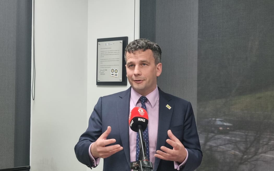 David Seymour speaking  to media in Dunedin.
