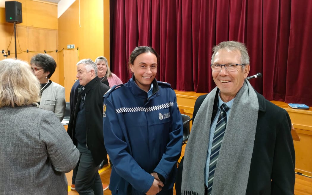 Canterbury rural police prevention manager senior sergeant Anna Lloyd chats to Kaikōura MP Stuart Smith at the Amberley meeting.