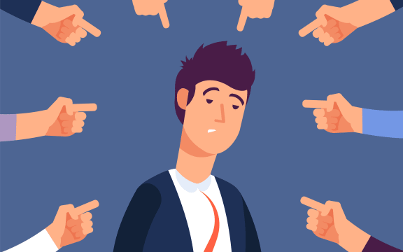 Bullying at work concept. Adult man get harassment by angry coworkers. Accus at office vector illustration. Victim person worker, stress on job, failure and unhappy