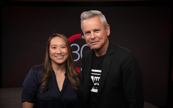 Roseanne Liang in studio for '30 with Guyon Espiner'