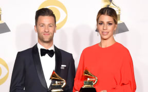 Songwriters Ben Fielding and Brooke Ligertwood, winners of Best Contemporary Christian Music Performance/Song pose in the press room during the 60th Annual GRAMMY Awards at Madison Square Garden on January 28, 2018 in New York City.