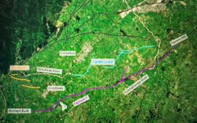 Wairarapa map showing the approximate currently known boundaries of the Pāpāwai, Woodside, Carter's Line and Ruamahanga faults.