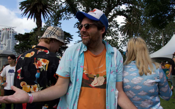 Sam Scott and some festival shirts at Laneway 2019
