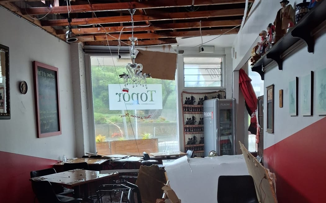 High winds blew an exterior wall in at Topor Bistro, a Polish restaurant in Plimmerton.