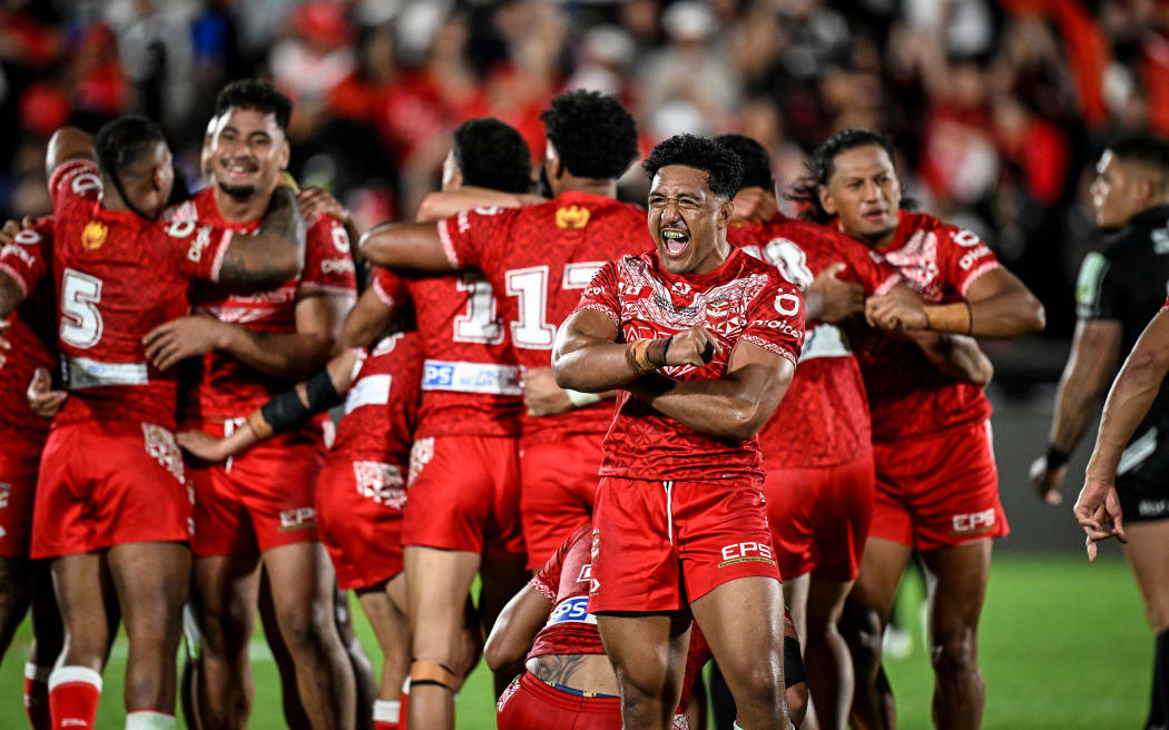 Paul Alamoti of Tonga celebrates after Tonga defeat the Kiwis.
New Zealand Kiwis v Tonga XIII 2024 Pacific Championships.