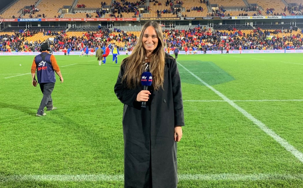 SKY Sports' Taylah Johnson was the sideline commentator for the first Manu Samoa v 'Ikale Tahi test match in Auckland this month alongside Fauono Ken Laban and Willie Lose.
