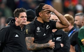 A dejected Rieko Ioane of New Zealand after losing the final. Rugby World Cup France 2023, New Zealand All Blacks v South Africa FInal match at Stade de France, Saint-Denis, France on Saturday 29 October 2023. Photo credit: Andrew Cornaga / www.photosport.nz