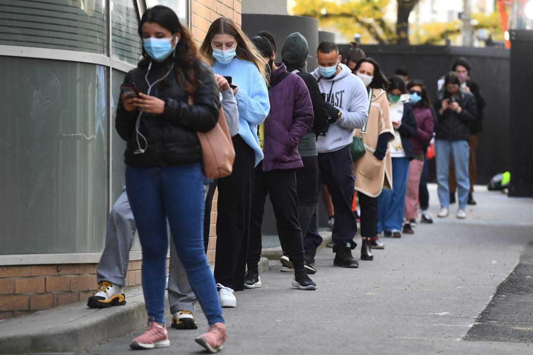 People queue for a Covid-19 test in Melbourne on May 27, 2021.
