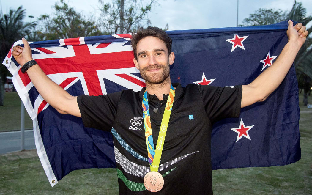 New Zealand's Sam Meech after winning bronze in the Laser Class during at the 2016 Rio Olympics.