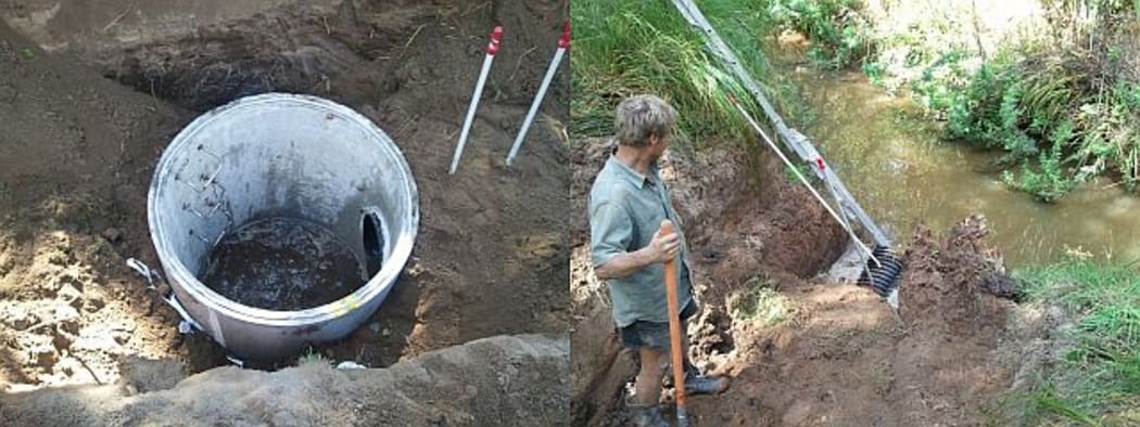 The kokopu condo comprises a large vertical pipe back from the stream bank, and connected to the water by a 6-metre long pipe. This condo has been occupied by an eel for the past two years.