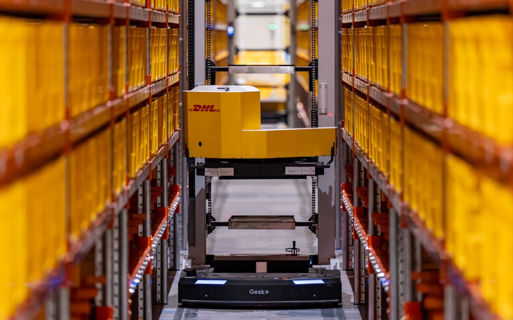 Image of DHL's advanced robotics at its health logistics warehouse.