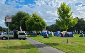Tents set up in Cranmer Square, Christchurch, in an anti-mandate protest, 16 February 2022.