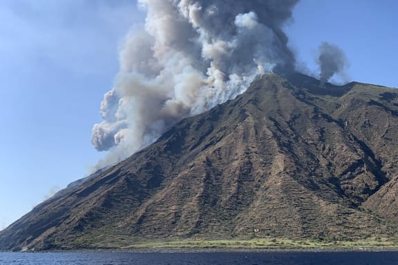The eruption of the Stromboli volcano on  Stromboli island, north of Sicily.