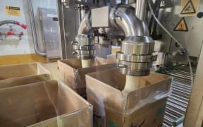 Cream cheese being pumped into boxes at Fonterra's factory in Darfield.