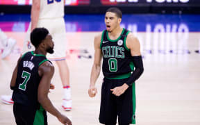 Boston Celtics Forward Jayson Tatum (0) celebrates with Forward Jaylen Brown (7)