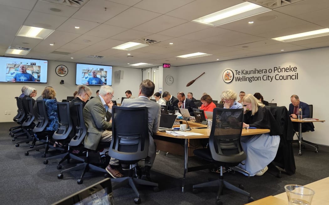 Councillors during the public participation section of Wellington Council's long-term budget meeting, 22 May 2025.