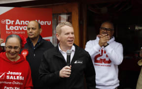Labour's Jenny Salesa, Willie Jackson, Chris Hipkins and Heeni Penare out on the campaign trail in Ōtara on 7 October 2023.