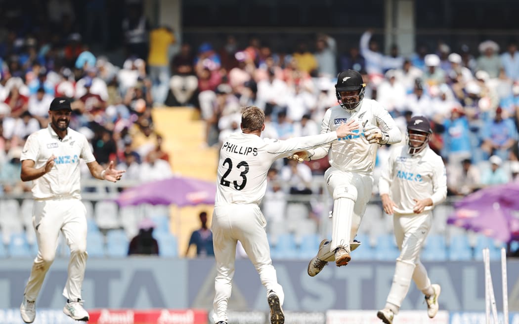 Glenn Phillips of New Zealand celebrating the wicket of Akash Deep of India during day 3 of the 3rd Test Match between India and New Zealand held at the Wankhede Stadium, Mumbai, India on the 3rd November 2024

Photo by Saikat Das / Sportzpics for BCCI