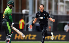 Black Caps bowler Trent Boult celebrates a wicket.